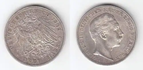 3 Mark Silber Münze Preussen Kaiser Wilhelm II 1909 (114463)