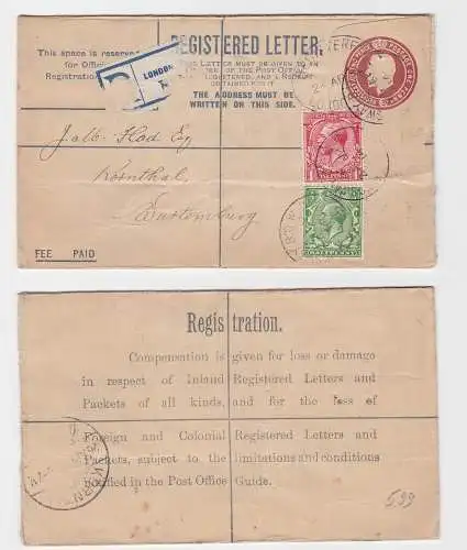 93289 Einschreiben Brief Ganzsache London - Kornthal Württemberg Bahnpost 1914