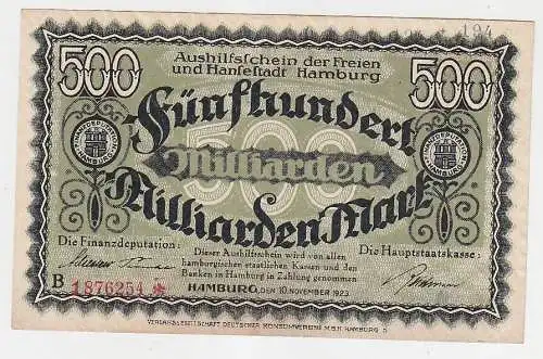 500 Milliarden Mark Banknote Aushilfsschein Hansestadt Hamburg 10.11.1923(113906