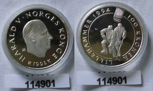 100 Kronen Silber Münze Norwegen Olympiade 1994 Eishockey 1992 (114901)