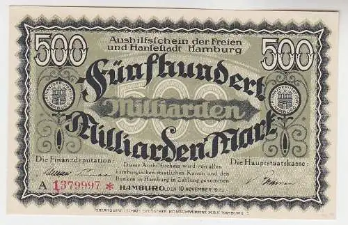 500 Milliarden Mark Banknote Aushilfsschein Hansestadt Hamburg 10.11.1923(115101