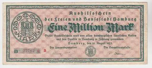 1 Million Mark Banknote Aushilfsschein Hansestadt Hamburg 10.8.1923 (115920)