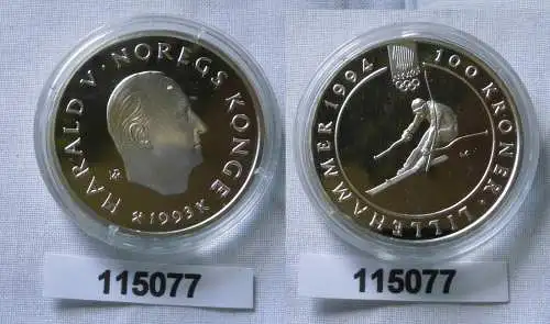 100 Kronen Silber Münze Norwegen Olympiade 1994 Slalomfahrer 1993 (115077)