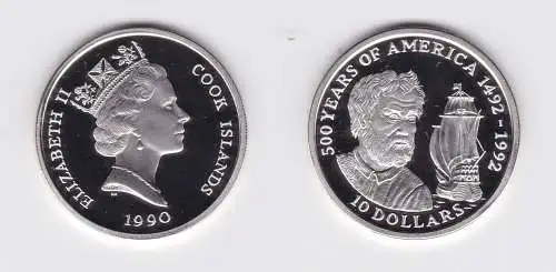 10 Dollar Silbermünze Cook Inseln 1990 500 Jahre Amerika Schiff Kolumbus(124404)