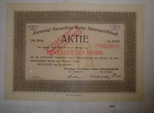 1000 Mark Aktie "Keramag" Keramische Werke AG Meiningen 25. Juli 1919 (128461)