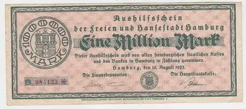 1 Million Mark Banknote Aushilfsschein Hansestadt Hamburg 10.8.1923 (115792)