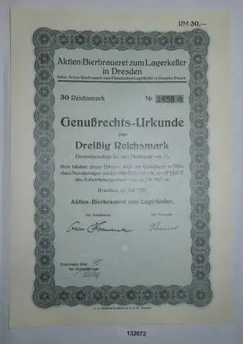 30 RM Genußrechts-Urkunde Aktien-Bierbrauerei zum Lagerkeller Dresden (132073)