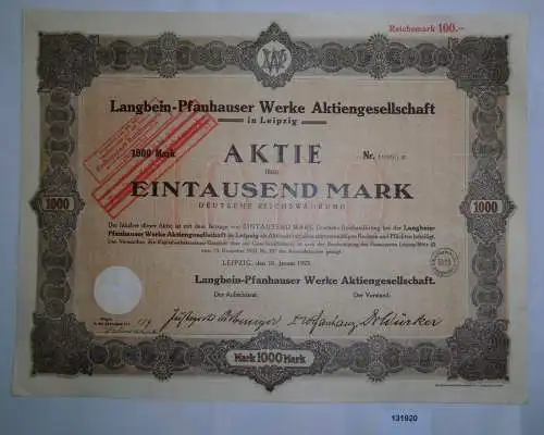 1000 Mark Aktie Langbein-Pfanhauser Werke AG Leipzig 10. Januar 1923 (131920)