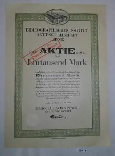 1000 Mark Aktie Bibliographisches Institut AG Leipzig 12.September 1922 (131478)