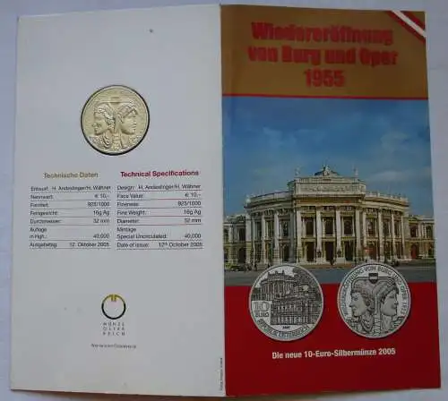 Mappe 10 Euro Silbermünze Österreich Wiedereröffnung von Burg und Oper (125456)
