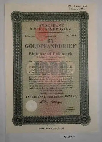 1000 Goldmark Pfandbrief Landesbank der Rheinprovinz Düsseldorf 1927 (131905)