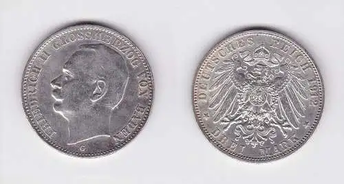 3 Mark Silbermünze Baden Großherzog Friedrich II 1912 Jäger 39  (124537)