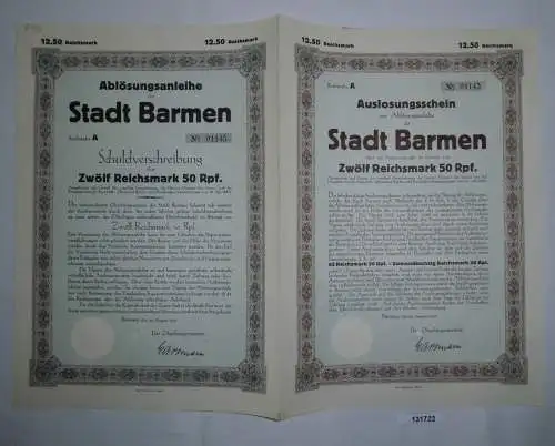 12,5 Reichsmark Ablösungsanleihe der Stadt Barmen 20.August 1927 (131722)
