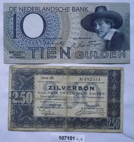 2 Banknoten Niederlande 2,5 Gulden 1938 und 10 Gulden 1944 (107101)