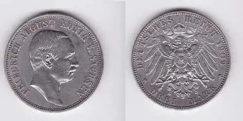3 Mark Silbermünze Sachsen König Friedrich August 1909 Jäger 135 (124422)