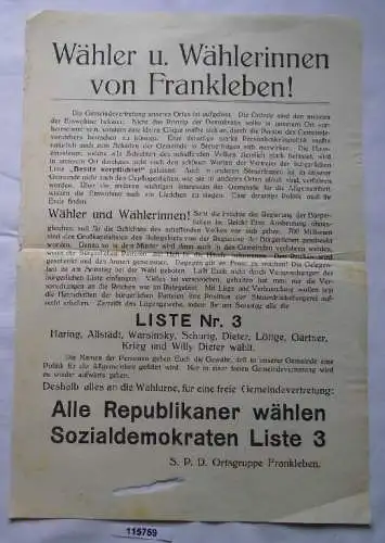 Seltener Wahlzettel Sozialdemokraten Liste 3 Frankleben um 1925 (115759)