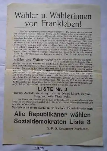 seltener Wahlzettel Sozialdemokraten Liste 3 Frankleben um 1925 (115759)