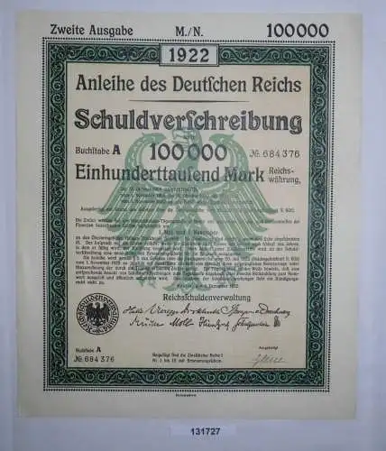 100000 Mark Aktie Schuldenverschreibung dt.Reich Berlin 1.Dezember 1922 (131727)