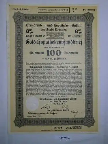 100 Goldmark Pfandbrief Grundrenten & Hypotheken-Anstalt Dresden 1928 (131733)