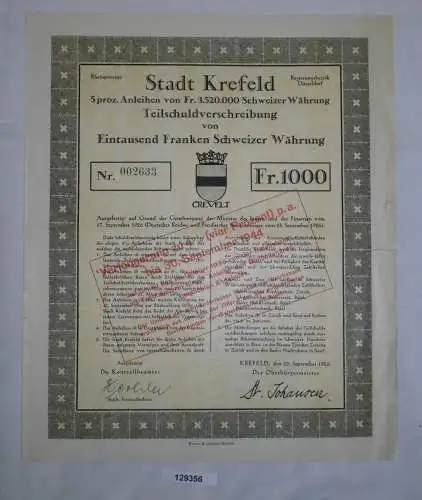 1000 Franken Teilschuldverschreibung Stadt Krefeld 20. September 1926 (129356)