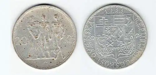 20 Kronen Silber Münze Tschechoslowakei 1933 (129988)