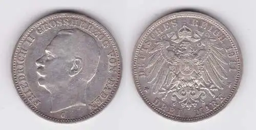 3 Mark Silber Münze Baden Großherzog Friedrich II 1911 G (118857)