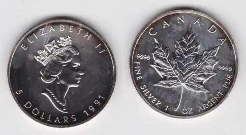 5 Dollar Silber Münze Canada Kanada Maple Leaf 1991 1 Unze Feinsilber (135457)