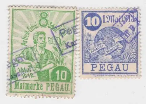 2 seltene Spenden Marken der Gewerkschaft Pegau Maimarke 1912/1913 (39868)