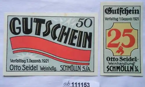 2 Banknoten Notgeld Schmölln Weinhandlung Otto Seidel 1921 (111153)