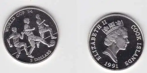5 Dollar Silbermünze Cook Inseln 1991 Fussball WM USA 1994 (131437)