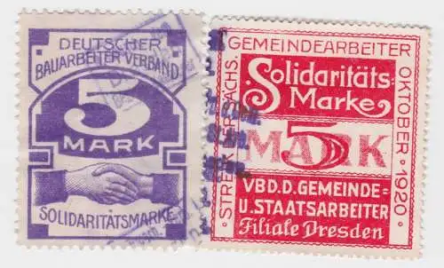 2 seltene Solidaritäts Marken der Gewerkschaft Dresden um 1920 (69264)
