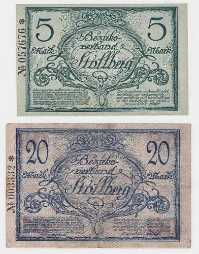 5 und 20 Mark Banknoten Notgeld Amtshauptmannschaft Stollberg 1918 (133196)
