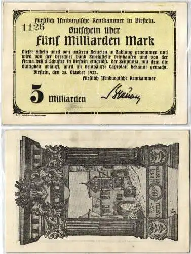 5 Milliarden Mark Banknote Inflation Rentkammer in Birstein 25.10.1923 (120418)