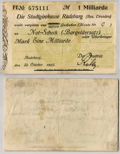 1 Milliarde Mark Banknote Girokasse Radeburg 22.Oktober 1923 (101793)