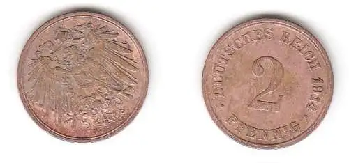 2 Pfennig Kupfer Münze Kaiserreich 1914 G Jäger Nr.11 (112455)