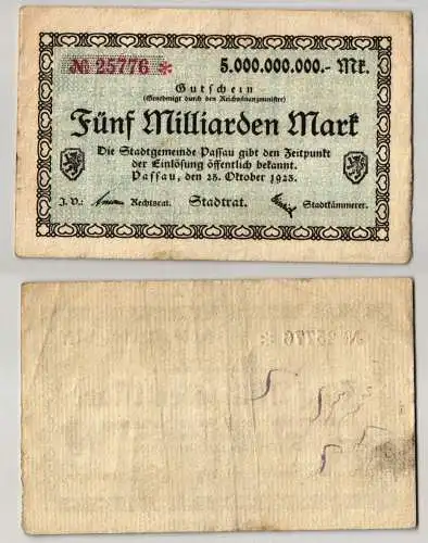 5 Milliarden Mark Banknote Inflation Stadt Passau 25.10.1923 (122842)