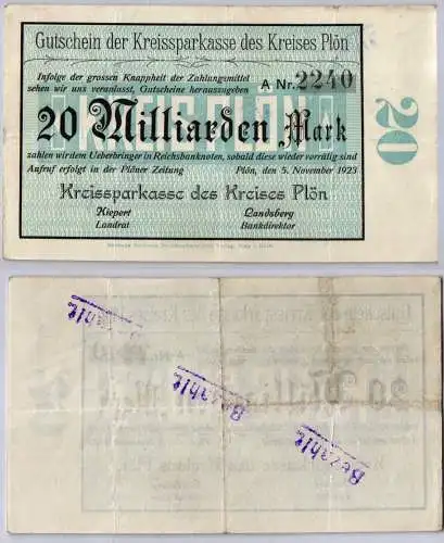 20 Milliarden Mark Banknote Inflation Kreissparkasse des Plön 5.11.1923 (121722)