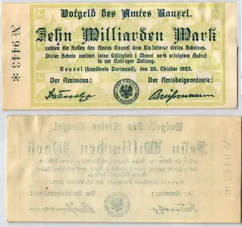 10 Milliarden Mark Banknote Inflation Amt Rauxel 20.10.1923 (123195)