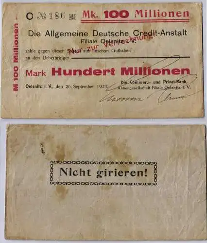 100 Millionen Mark Banknote ADCA Filiale Ölsnitz i.V. 26.09.1923 (109825)