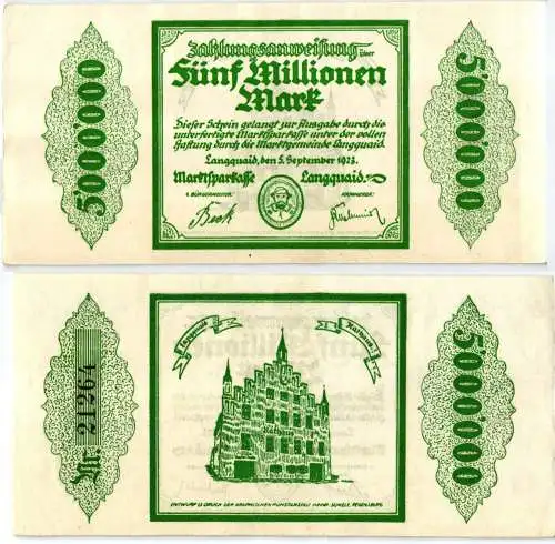 5 Millionen Mark Banknote Inflation Marktsparkasse Langquaid 5.9.1923 (122987)