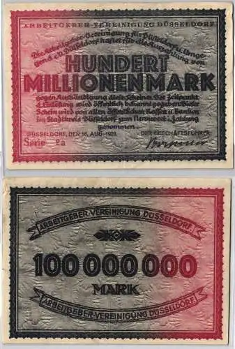 100 Millionen Mark Banknote Arbeitgeber Vereinigung Düsseldorf 16.8.1923(121263)