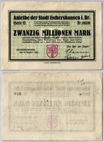 20 Millionen Mark Banknote Inflation Stadt Eschershausen 14.09.1923 (123329)