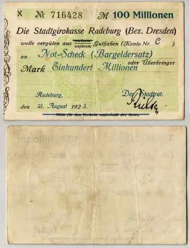 100 Millionen Mark Banknote Girokasse Radeburg 21.August 1923 (109846)