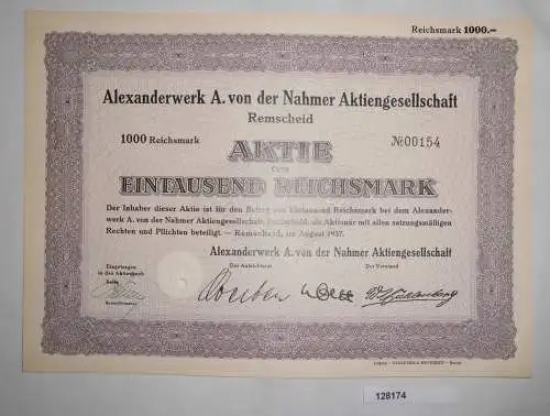 1000 RM Aktie Alexanderwerk A. von der Nahmer AG Remscheid August 1937 (128174)