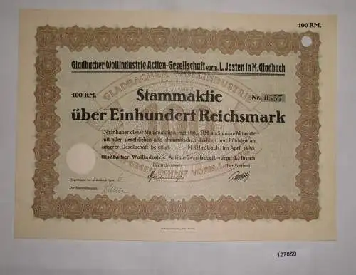 100 Deutsche Mark Aktie Gladbacher Wollindustrie AG April 1930 (127059)