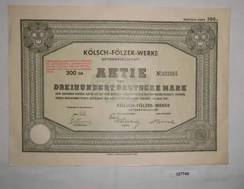 100 Deutsche Mark Aktie Kölsch-Fölzer-Werke AG Siegen Mai 1951 (127745)