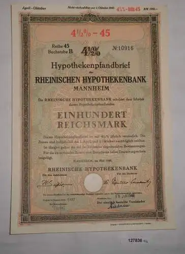100 Reichsmark Pfandbrief Rheinische Hypothekenbank Mannheim Mai 1940 (127836)