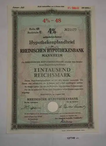 1000 Reichsmark Pfandbrief Rheinische Hypothekenbank Mannheim Aug. 1941 (127749)