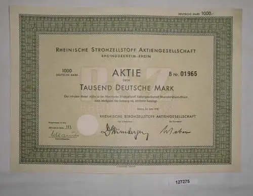 1000 Mark Aktie Rheinische Strohzellstoff AG Mainz Juni 1951 (127275)