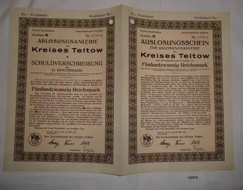 25 RM Auslosungsschein Kreisausschuß Kreis Teltow Berlin 24. Mai 1927 (127512)